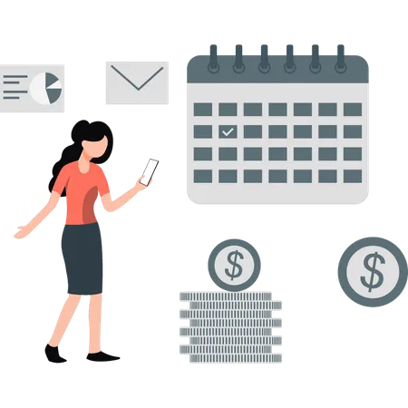 Girl setting up payment schedule on her mobile  Illustration