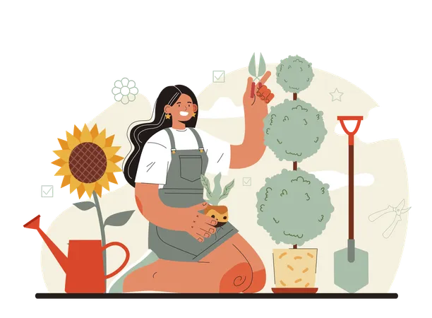 Landscape Designer Concept Idea Of Gardening And Yard Designing Character Trimming Trees And Planting Flowers Special Tool For Work Shovel And Flowerpot Hose Isolated Flat Illustration イラスト