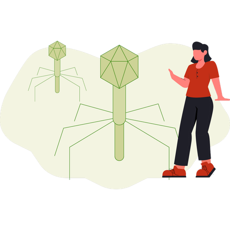 Girl shocked to see bacteriophage virus  Illustration