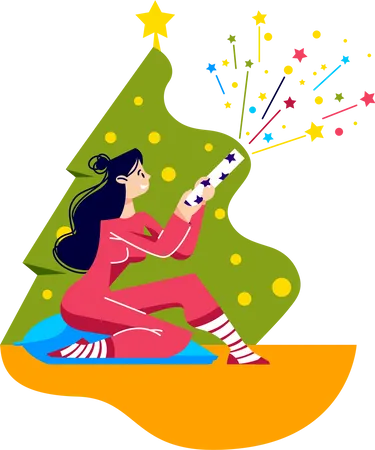Girl shooting slapstick under Christmas tree at home Illustration