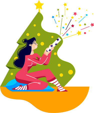 Girl shooting slapstick under Christmas tree at home  Illustration