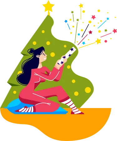 Girl shooting slapstick under Christmas tree at home  Illustration