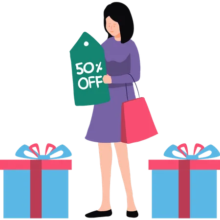 Girl shopping at 50% off Illustration