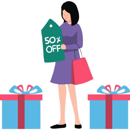 Girl shopping at 50% off  Illustration