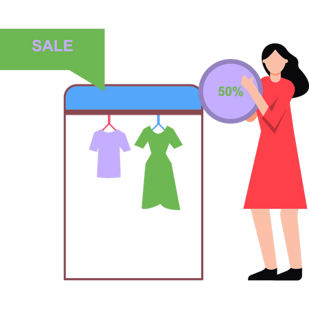 Girl shopping at 50% off sale  Illustration