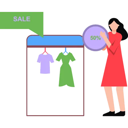 Girl shopping at 50% off sale  Illustration