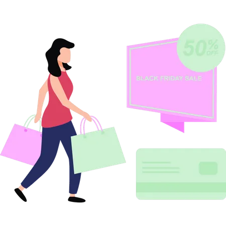 The Girl Is Shopping At The Black Friday Sale Illustration