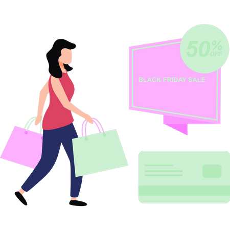 Girl  shopping at  Black Friday sale  Illustration