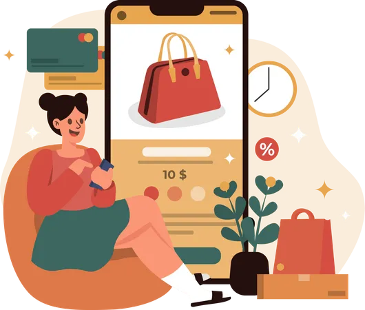 Girl shopping for purse on ecommerce app Illustration