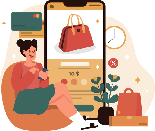 Girl shopping for purse on ecommerce app  Illustration