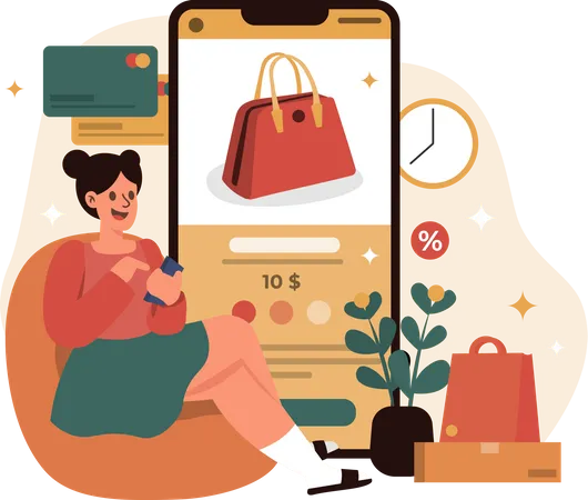 Girl shopping for purse on ecommerce app  Illustration