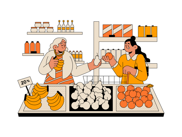 Girl shopping groceries at market  Illustration