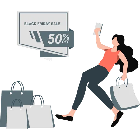 A Girl Is Shopping In Black Friday Sale Illustration
