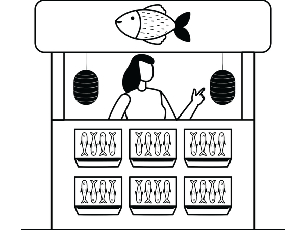 Girl shopping in fish market stall  Illustration