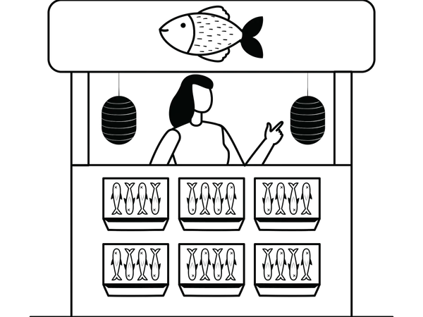 Girl shopping in fish market stall  Illustration
