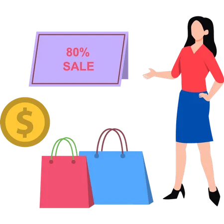 Girl shopping on 80% sale  Illustration