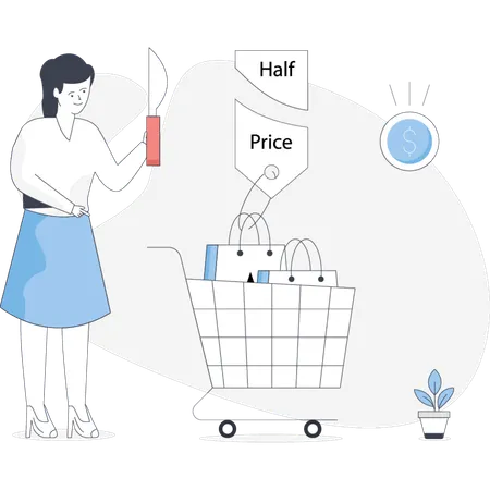 Girl  shopping on half price  Illustration