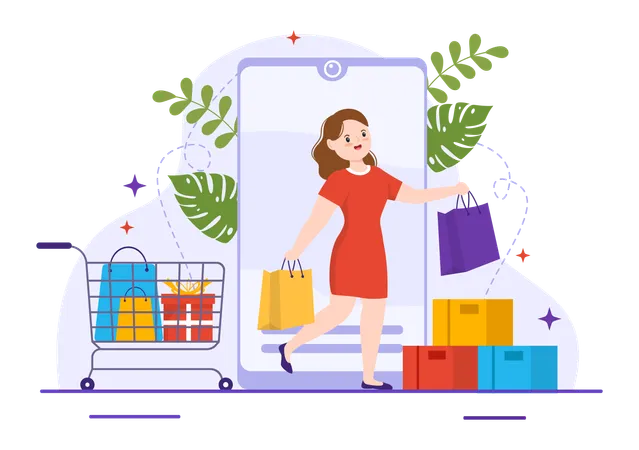 Girl shopping on mobile phone  Illustration