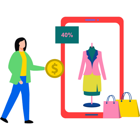 Girl shopping online at 40% discount  Illustration
