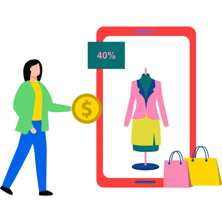 Girl shopping online at 40% discount  일러스트레이션