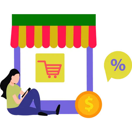 Girl shopping online at discount  Illustration