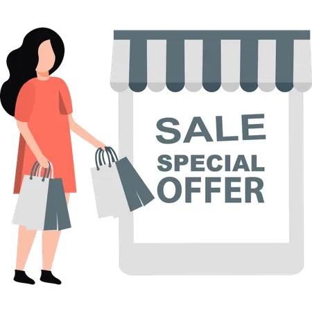 Girl shopping special offer online  Illustration