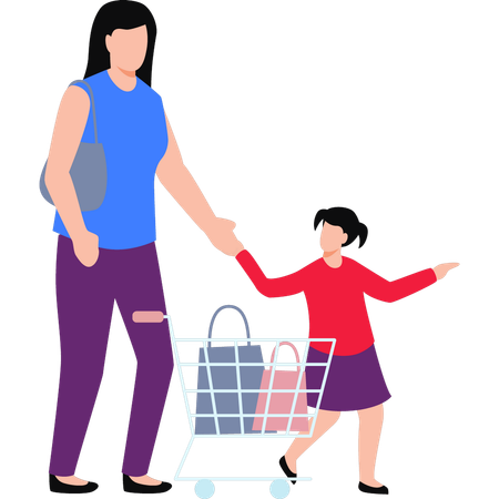 Girl Shopping With Her Child  Illustration