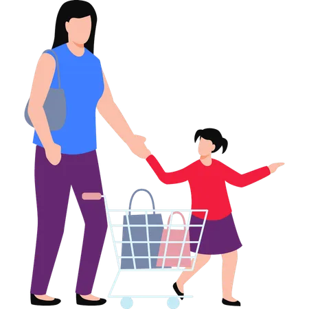 Girl Shopping With Her Child  Illustration