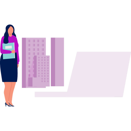 Girl showing about building on laptop  Illustration