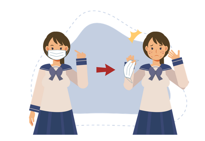 Girl showing Acne caused wearing medical face mask Illustration