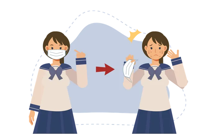 Girl showing Acne caused wearing medical face mask  Illustration