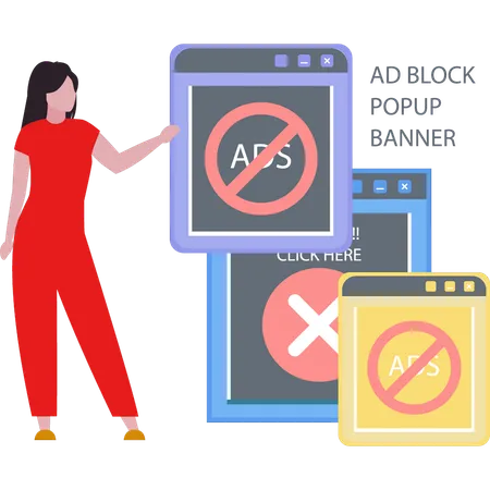 Girl showing ad block on browser.  Illustration