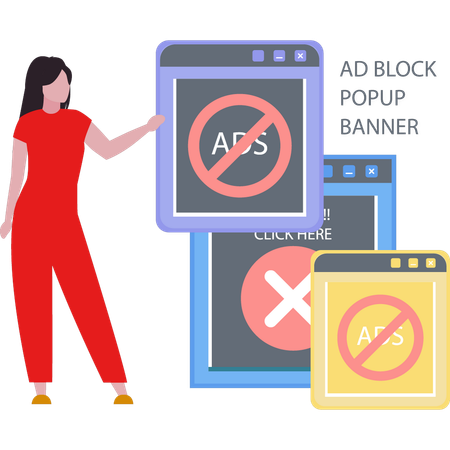 Girl showing ad block on browser.  Illustration