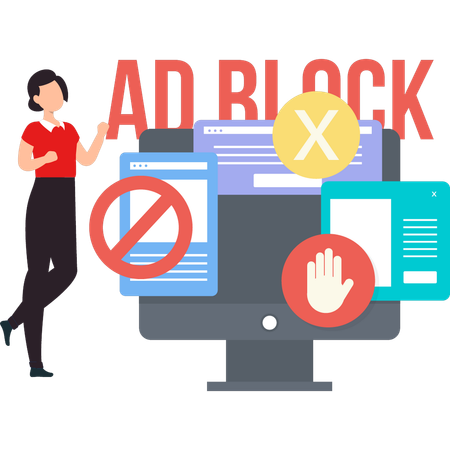 Girl showing ad block on monitor.  Illustration