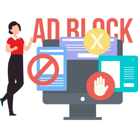 Girl showing ad block on monitor.  Illustration