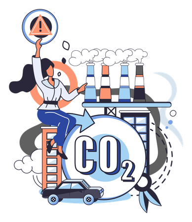 Girl showing alert sign for carbon pollution  Illustration
