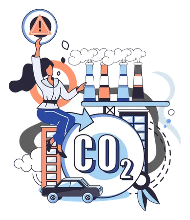 Girl showing alert sign for carbon pollution  Illustration