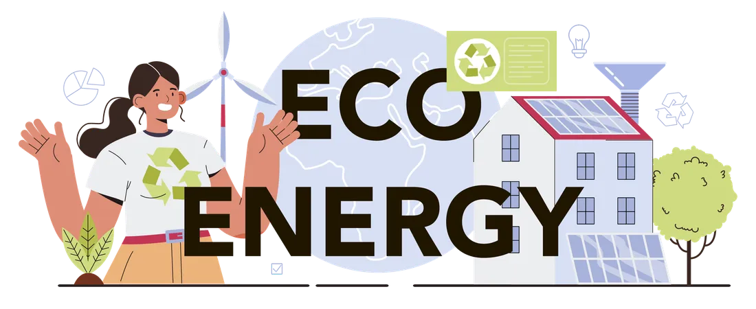 Eco Energy Typographic Header Alternative Energy And Green Electricity For Good Environment Eco Friendly House Building With Solar Battery Roof And Wind Farm Flat Vector Illustration Illustration