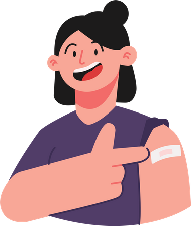 Girl showing bandage on arm after vaccination  Illustration