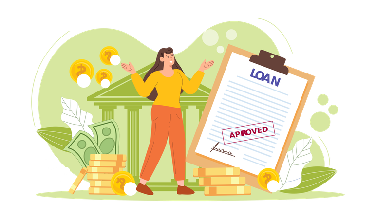 Girl showing bank loan approved paper  Illustration