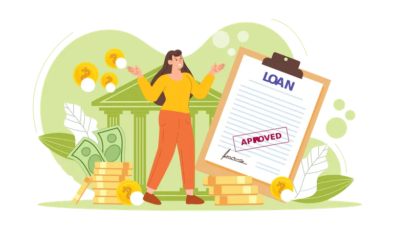 Girl showing bank loan approved paper  Illustration