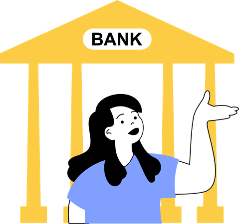 Girl showing bank while doing bank investment  Illustration