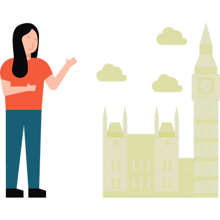 Girl showing Big Ben tower in London  Illustration