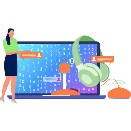 The Girl Is Showing The Binary Code On The Laptop Illustration
