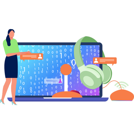 Girl Showing Binary Code On Laptop  Illustration