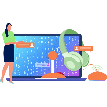 Girl Showing Binary Code On Laptop  Illustration