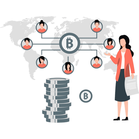 Girl showing bitcoin networking  Illustration