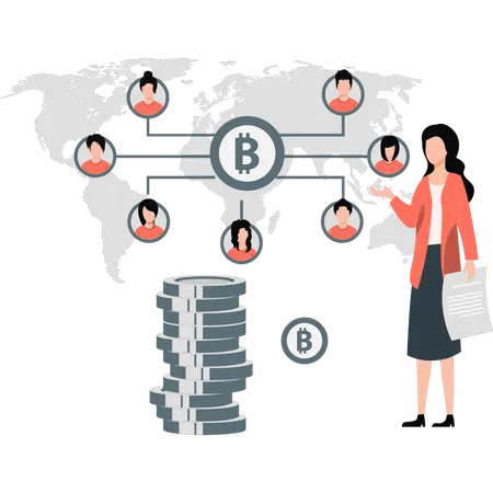 Girl showing bitcoin networking  Illustration