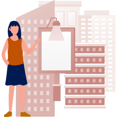 Girl showing building billboard advertisement  Illustration
