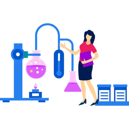 Girl showing burner stand for experiment  Illustration